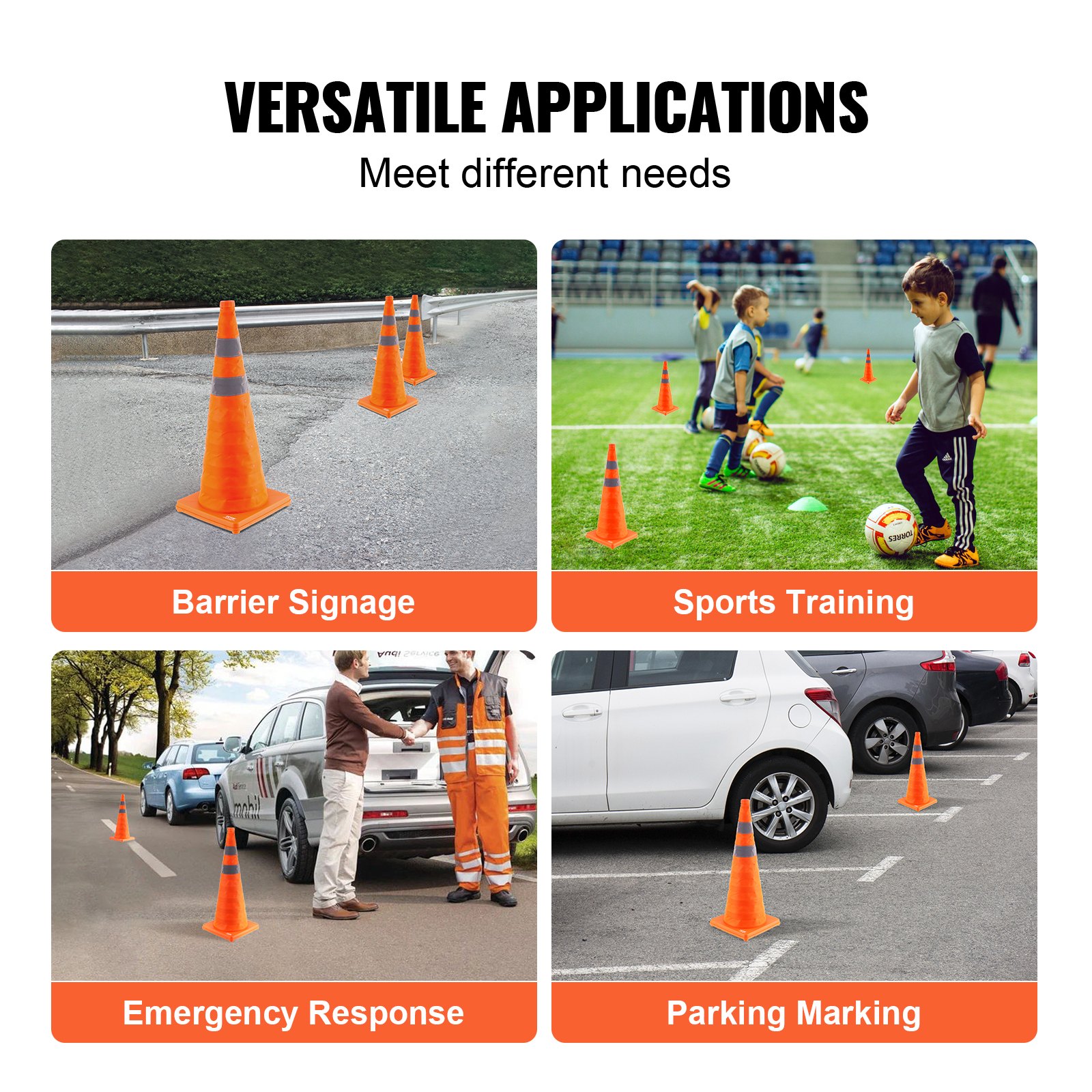 VEVOR safety cones used for barrier signage, sports training, emergency response, and parking marking.