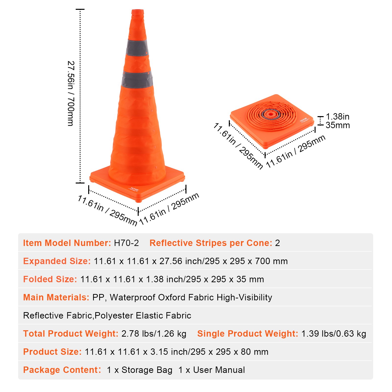 VEVOR safety cones with reflective stripes, expanded size 27.56in, folded size 1.38in, orange.