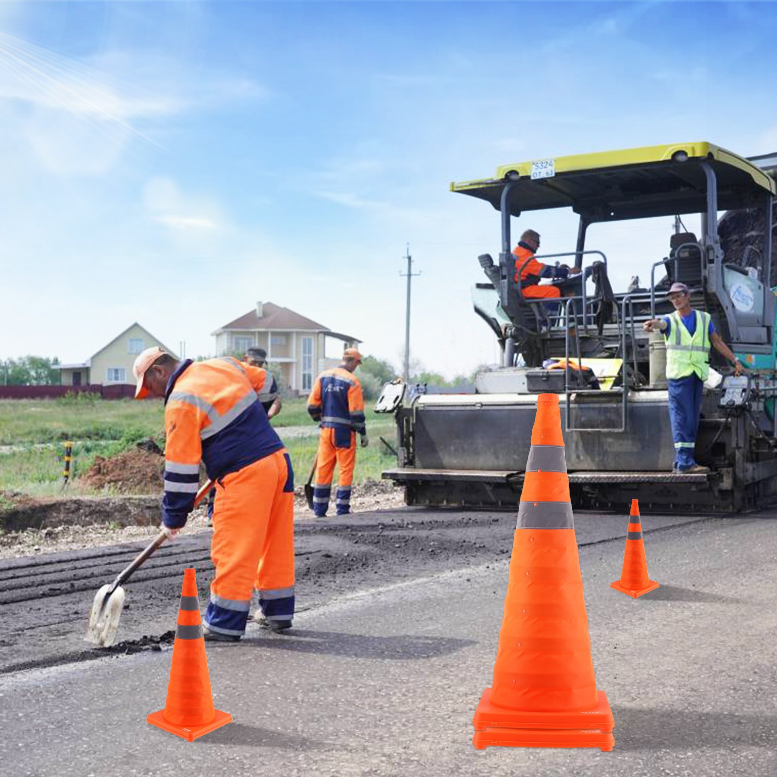 road construction workers in orange uniforms using VEVOR safety cones for traffic control and safety.