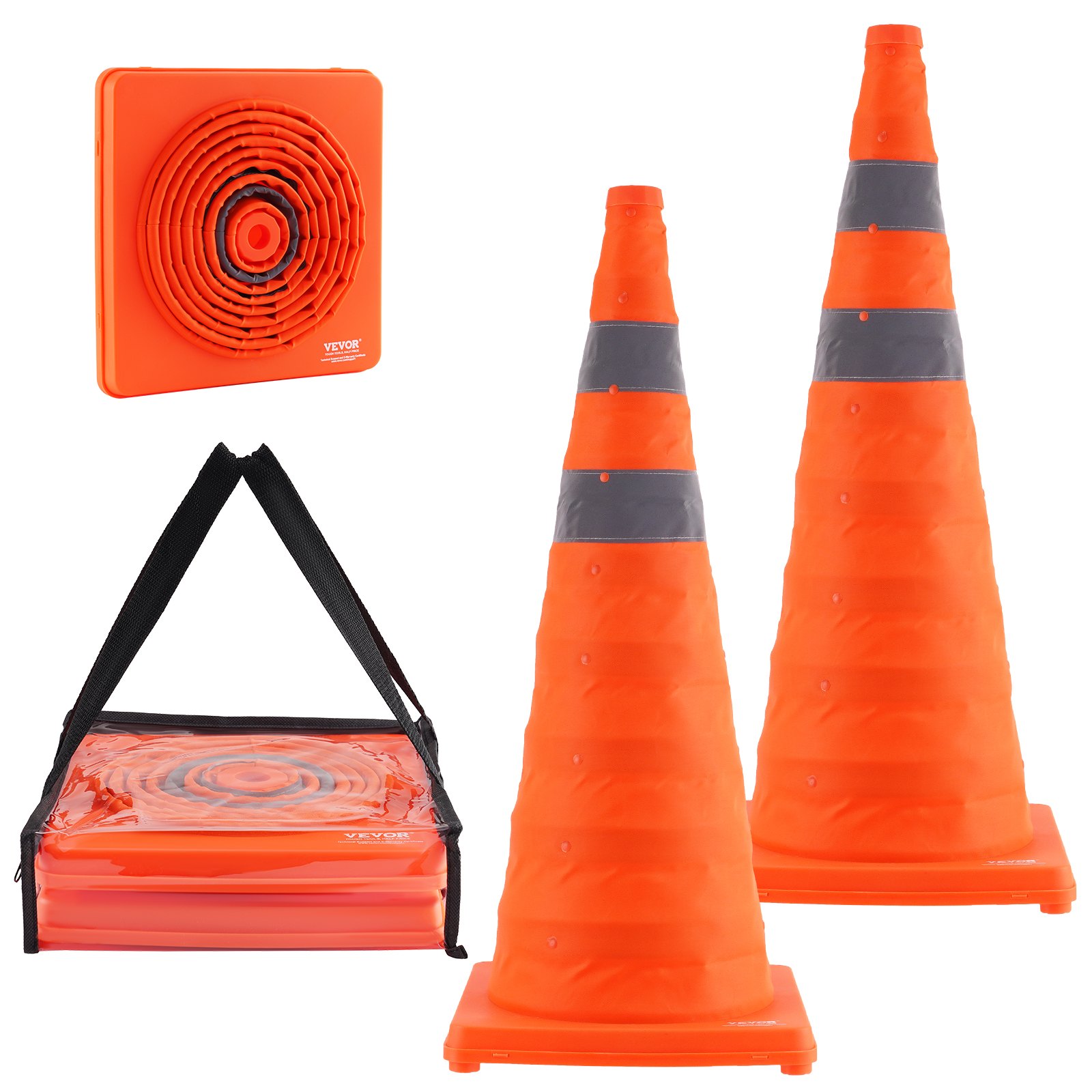 VEVOR safety cones, foldable orange cones with reflective stripes, compact storage bag included.