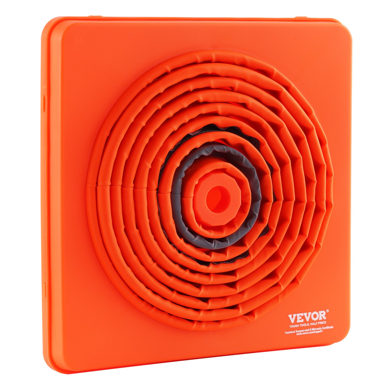 collapsible orange VEVOR safety cone folded in a compact square case.