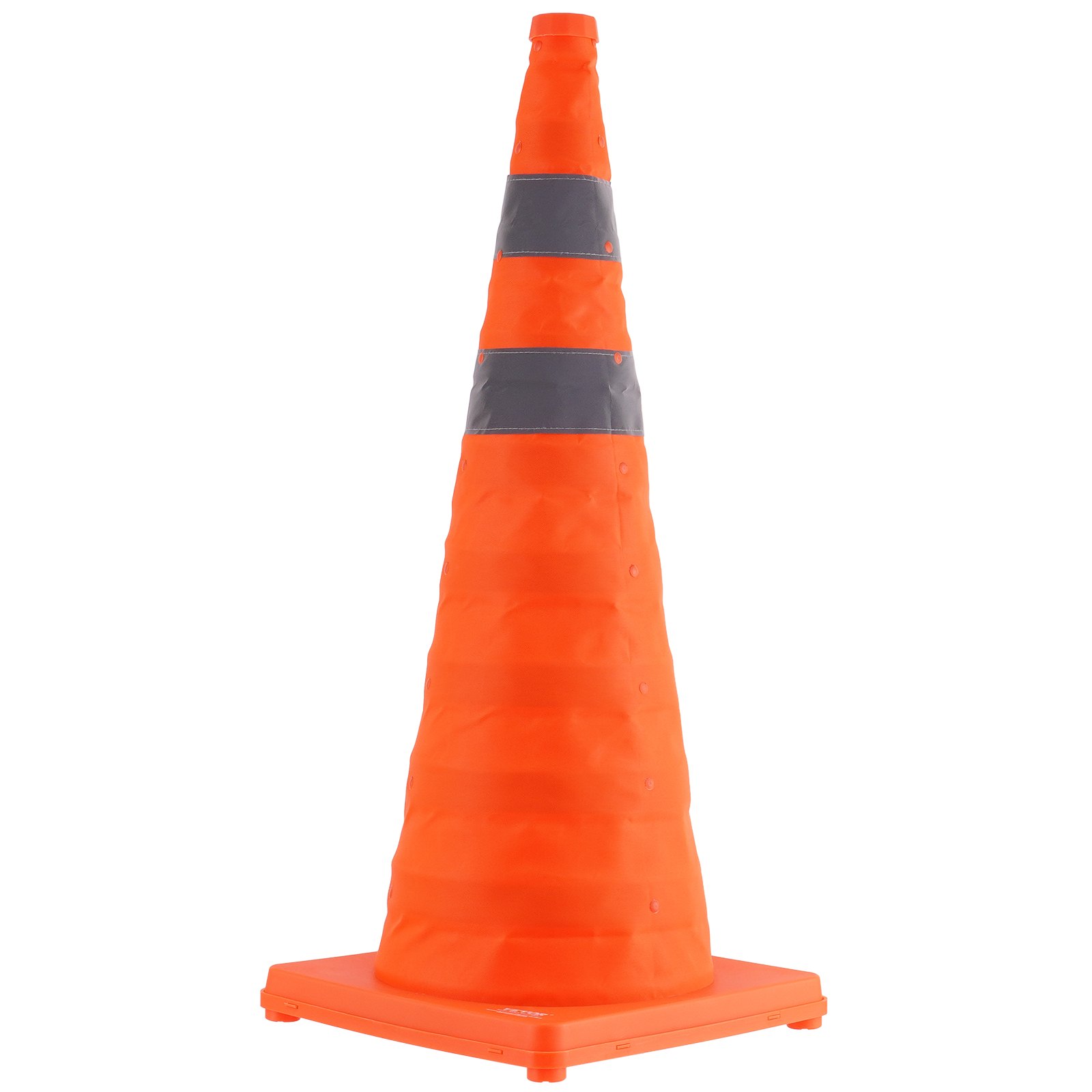 bright orange VEVOR safety cone with reflective stripes, placed on a square base.