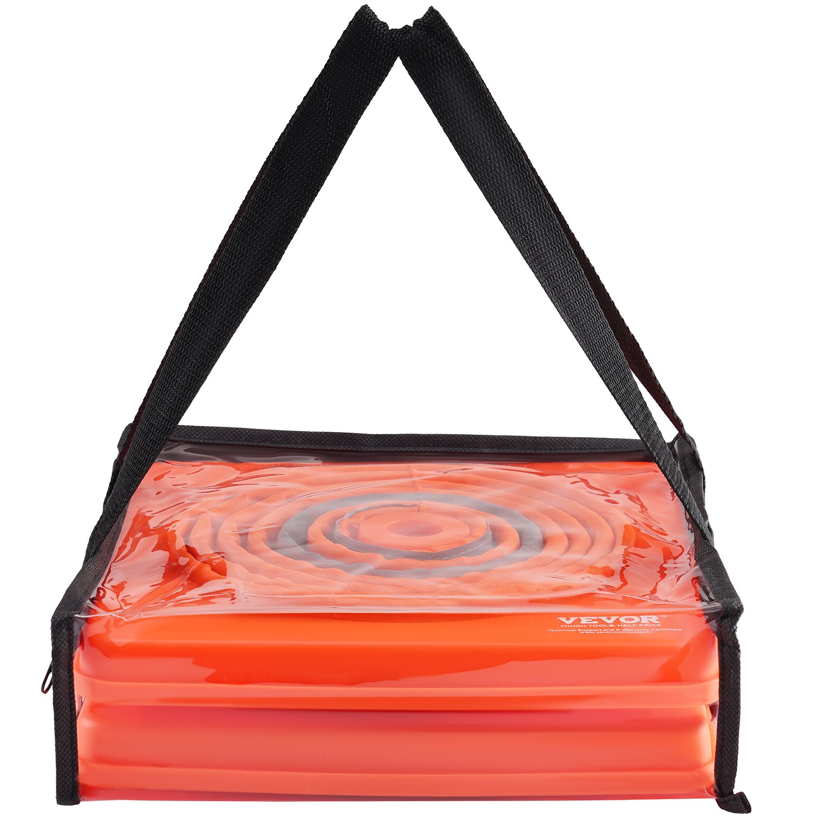 VEVOR safety cones in a compact, foldable pack with black carrying straps. bright orange reflective design.