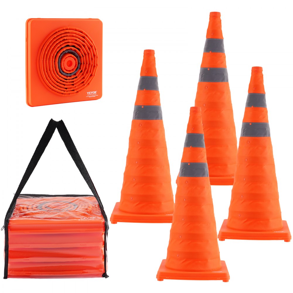 VEVOR Lot de 4 cônes de sécurité pliables de 71,1 cm, cônes de construction avec colliers réfléchissants, base large et sac de rangement, pour le contrôle de la circulation, l'entraînement à la conduite, les parkings