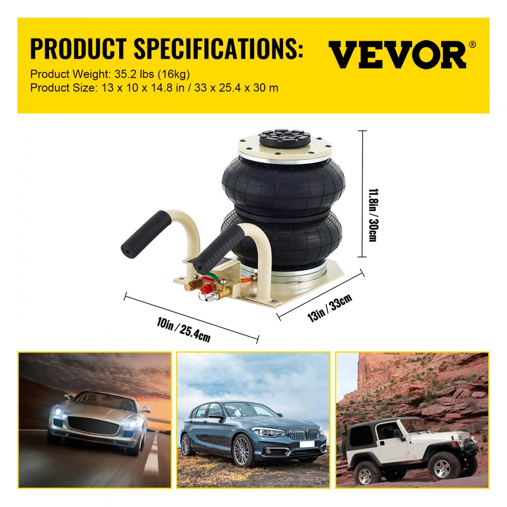 VEVOR Gato neumático, Gato con bolsa de aire de 2 toneladas/4400 LBS, Gato de aire con triple bolsa para vehículo, Acción de elevación extremadamente rápida, Altura máxima 11,8"/300 mm, Tamaño compacto, Mango corto