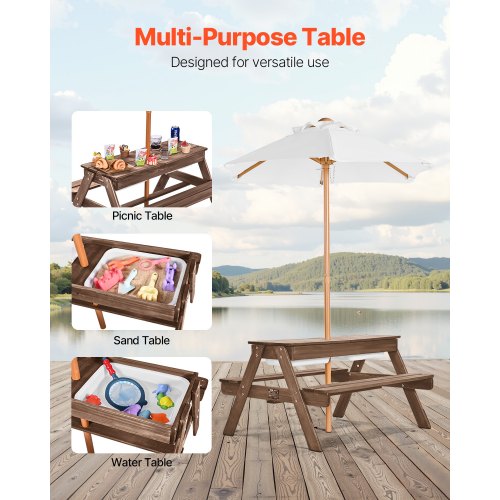 kids patio table with umbrella Picnic and Built-in Sand and Water Play Table Free Warranty 1 Year Board games Gorilla Playsets Wooden Children's Picnic