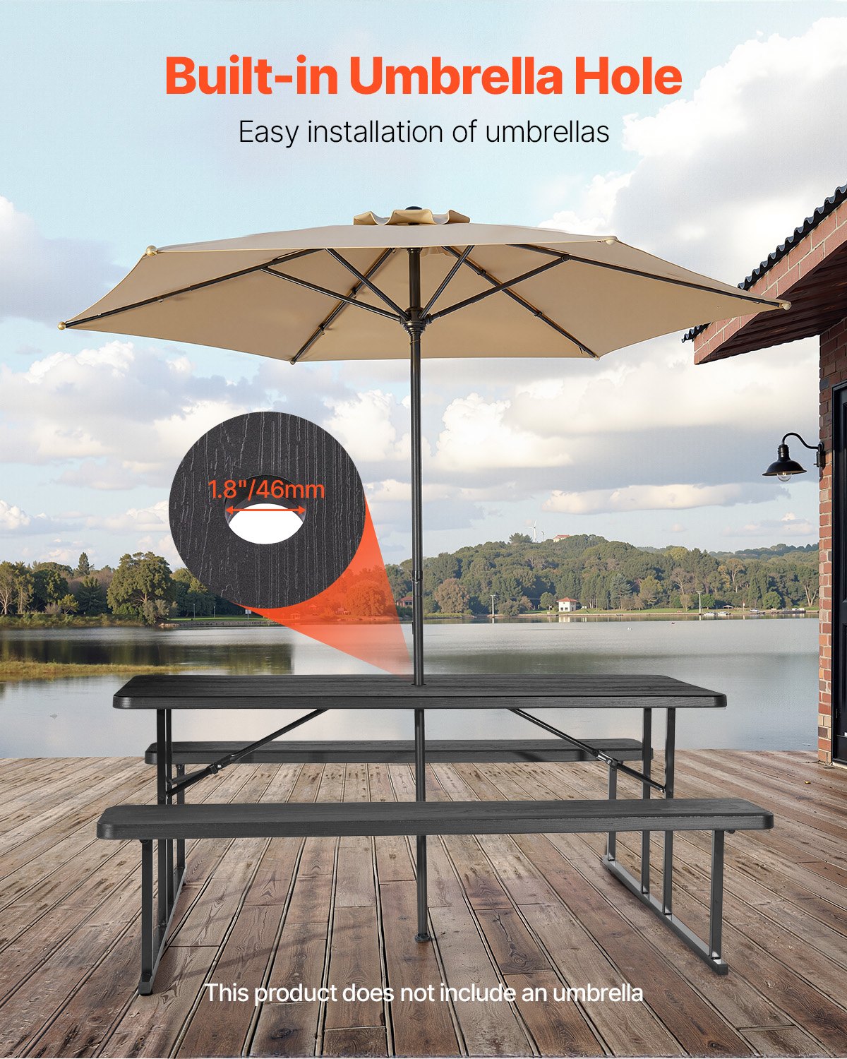 VEVOR Foldable Picnic Table, 6 FT Folding Picnic Tables with Benches, Steel Outdoor Bench Set with Umbrella Hole, Large Outside Dining Table for Patio Garden Yard Poolside (Black)