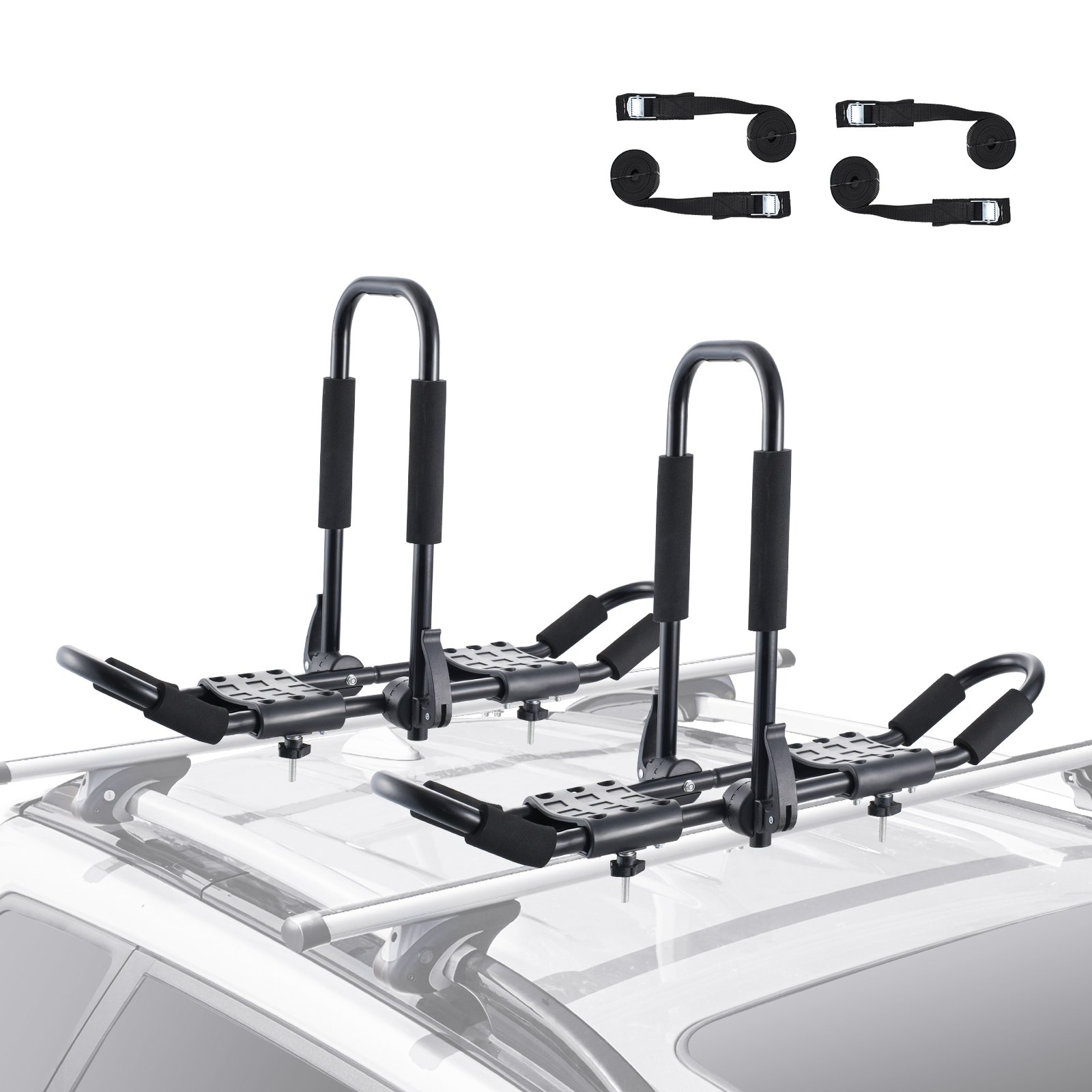 VEVOR Kayak Roof Rack 1 Pair J-Bar, Soft Roof Rack, Top Mount Tie Down, Carrier for kayak, Surf Board, Canoe, SUP, Ski Board, Mount on Car, SUV, Truck, 2 Kayaks