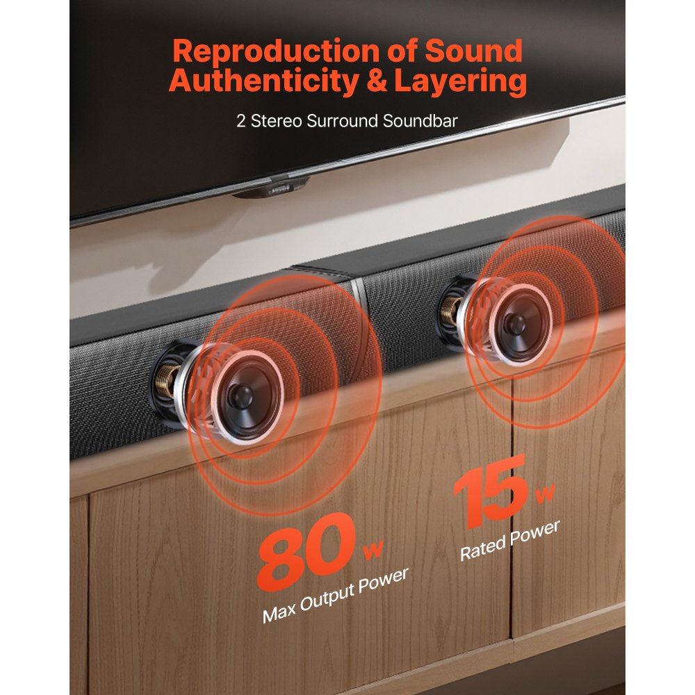 VEVOR Sound Bar for Smart TV, 2.0 Channel, 800 mm 2 in 1 Detachable Soundbar TV Speakers, with Bluetooth HDMI AUX USB Connection, Remote Control, 80W Surround Sound System, for Home Theater Audio