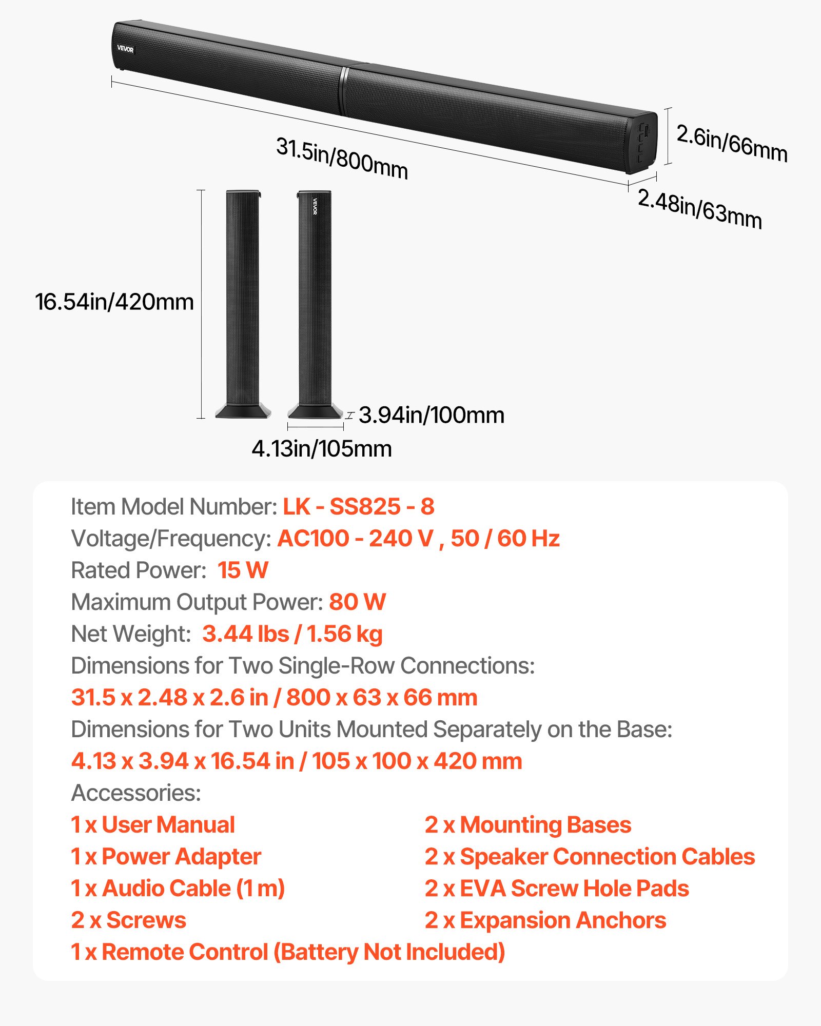 VEVOR Sound Bar for Smart TV, 2.0 Channel, 800 mm 2 in 1 Detachable Soundbar TV Speakers, with Bluetooth HDMI AUX USB Connection, Remote Control, 80W Surround Sound System, for Home Theater Audio