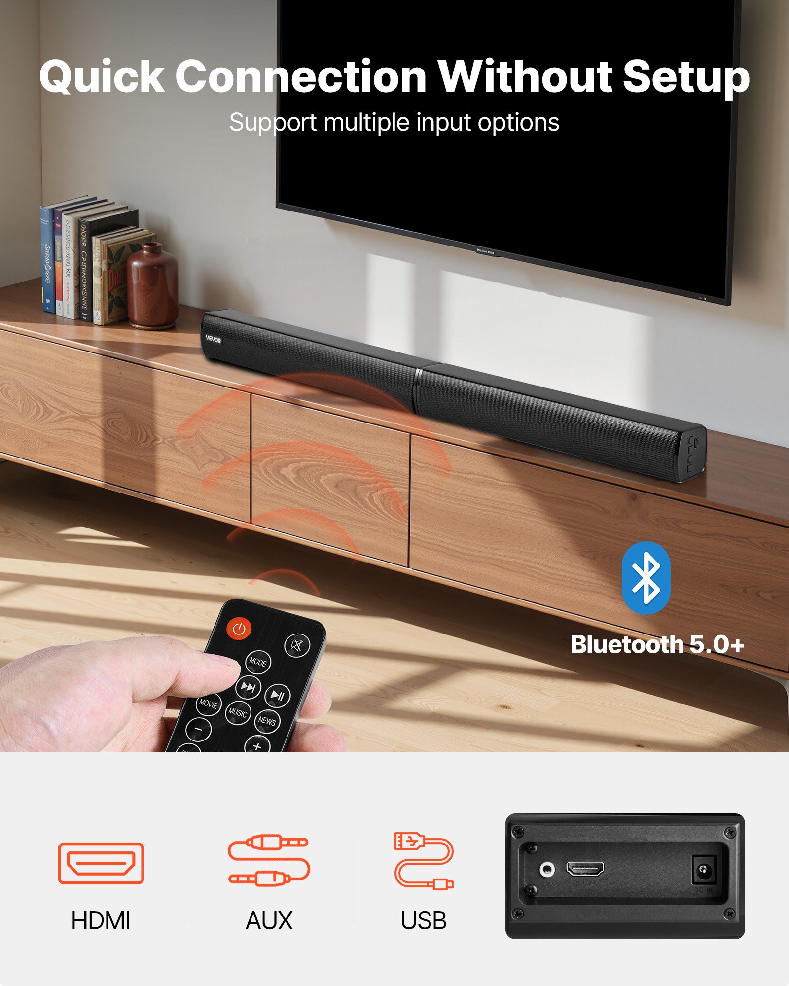 VEVOR Sound Bar for Smart TV, 2.0 Channel, 800 mm 2 in 1 Detachable Soundbar TV Speakers, with Bluetooth HDMI AUX USB Connection, Remote Control, 80W Surround Sound System, for Home Theater Audio