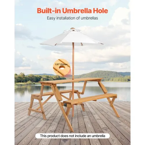 Table De Pique-Nique Extérieur Avec Parasol - Bois Sapin, 2 Bacs Sable/Eau - Pour 4 Personnes - Jardin, Cour, Terrasse