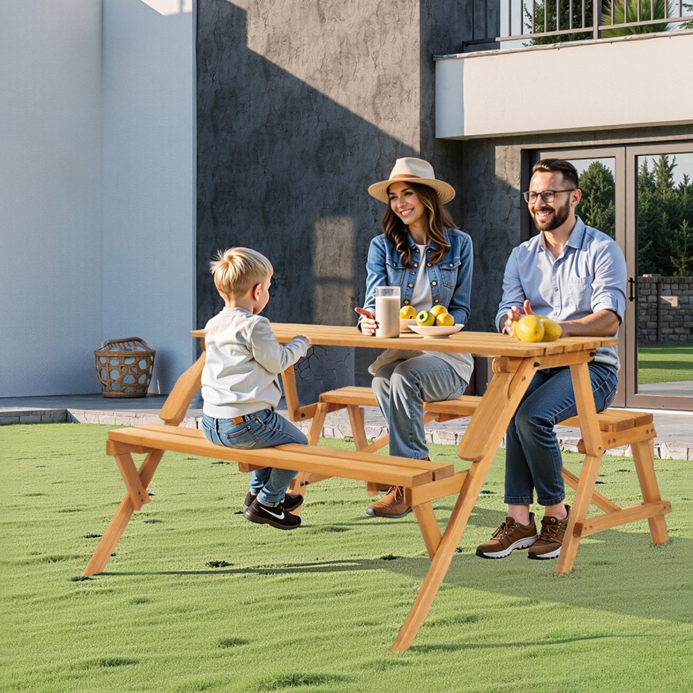 VEVOR 2-in-1 Transforming Interchangeable Picnic Table, Outdoor Wooden Table and Bench Set, Portable Foldable Bench with Umbrella Hole, Patio Dining Furniture for Garden, Backyard, Porch (Brown)