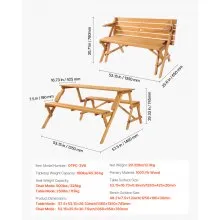 2-in-1 Transforming Interchangeable Picnic Table Wooden Table Bench Set Outdoor
