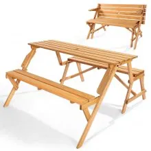 2-in-1 Transforming Interchangeable Picnic Table Wooden Table Bench Set Outdoor