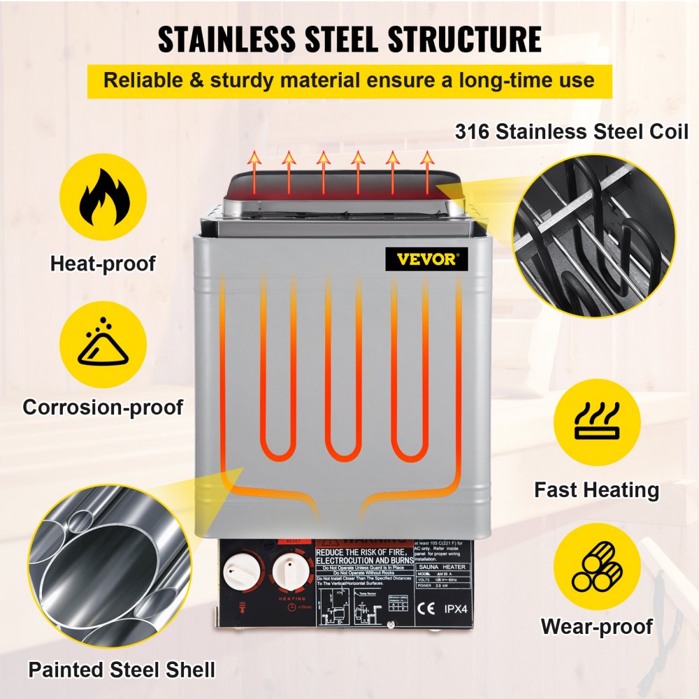 VEVOR Sauna Heater 2KW Dry Steam Bath Stove 110V-120V with Internal Controller for Max.105.9 Cubic Feet Home Hotel Spa Shower