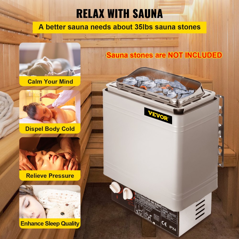 VEVOR Sauna Heater 2KW Dry Steam Bath Stove 110V-120V with Internal Controller for Max.105.9 Cubic Feet Home Hotel Spa Shower