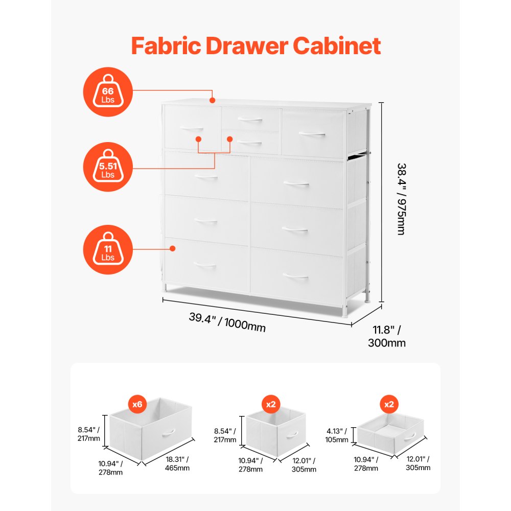 VEVOR 10 Drawer Dresser, Fabric Drawer Dresser with Fabric Bins, Closet Storage Drawers with Easy Pull Handle and Sturdy Steel Frame, Fabric Storage Tower for Bedroom, Hallway, Closet, Nursery, White