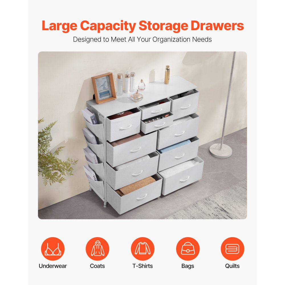 VEVOR 10 Drawer Dresser, Fabric Drawer Dresser with Fabric Bins, Closet Storage Drawers with Easy Pull Handle and Sturdy Steel Frame, Fabric Storage Tower for Bedroom, Hallway, Closet, Nursery, White