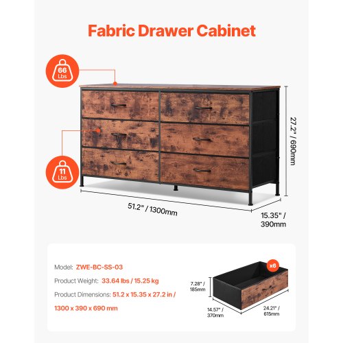 VEVOR 6 Drawer Dresser Tall Chest Organizer Drawer Dresser TV Stand with Storage Closet Storage Drawers with Sturdy Steel Frame Fabric Storage Tower