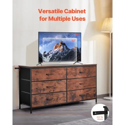 VEVOR 6 Drawer Dresser, Tall Chest Organizer Drawer Dresser, TV Stand with Storage, Closet Storage Drawers with Steel Brown