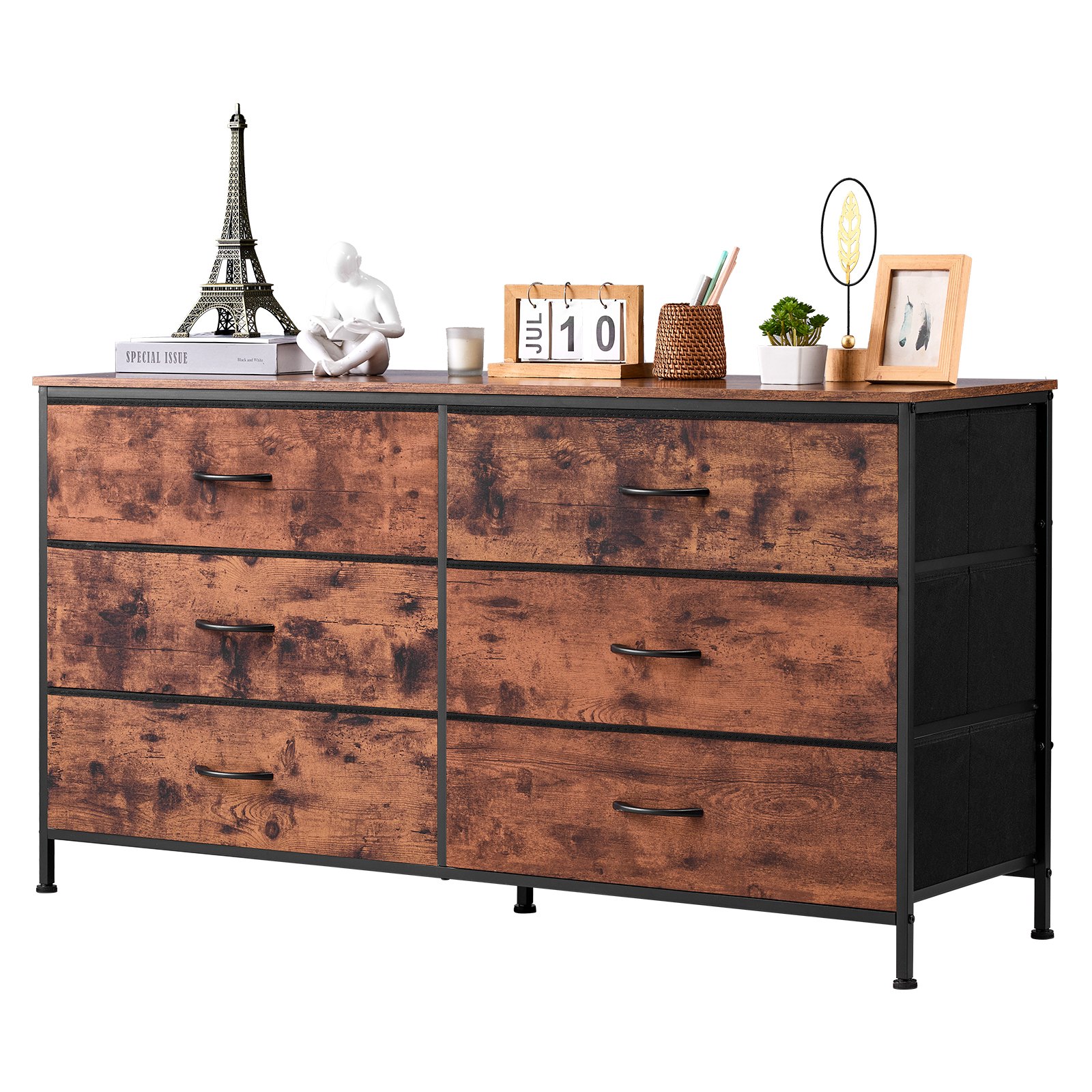 VEVOR 6 Drawer Dresser, Tall Chest Organizer Drawer Dresser, TV Stand with Storage, Closet Storage Drawers with Sturdy Steel Frame, Fabric Storage Tower for Bedroom, Hallway, Closet, Rustic Brown