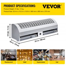 VEVOR Air Curtain 35-Inch Commercial Air Curtain 2 Speeds Door Air Curtain 1511 CFM/1372 CFM with 2 Limited Switches Low Noise Indoor Air Curtain