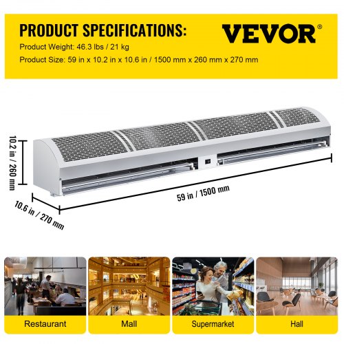 VEVOR Air Curtain 60-Inch Commercial Air Curtain 2 Speeds Door Air Curtain 2515 CFM/2285 CFM with 2 Limited Switches Low Noise Indoor Air Curtain