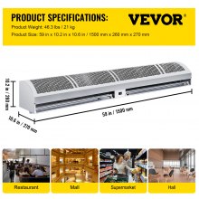 VEVOR Air Curtain 60-Inch Commercial Air Curtain 2 Speeds Door Air Curtain 2515 CFM/2285 CFM with 2 Limited Switches Low Noise Indoor Air Curtain Tested to UL Standards