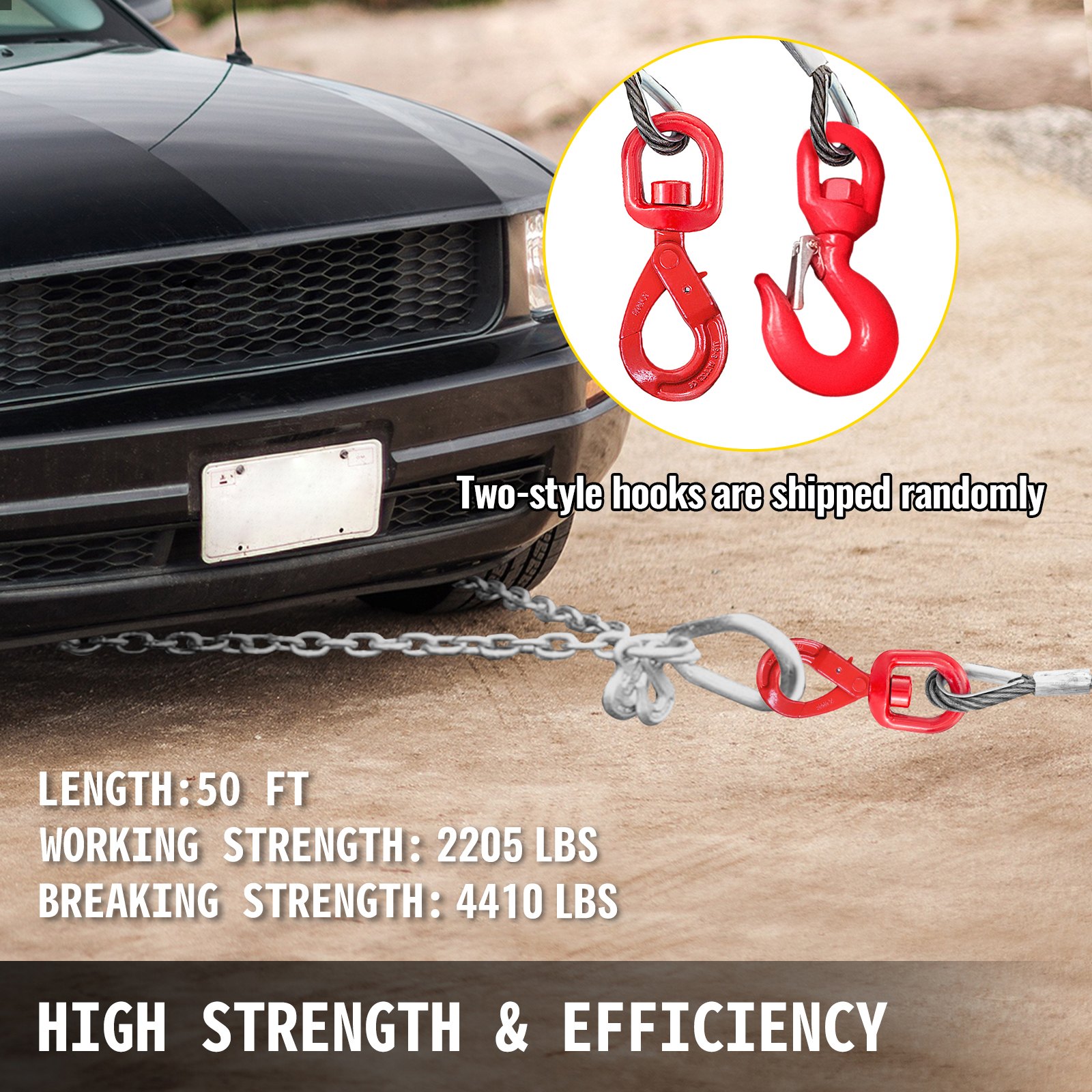 Wire rope winch cable 10mm x 23m self locking swivel hook Tow Truck flatbed