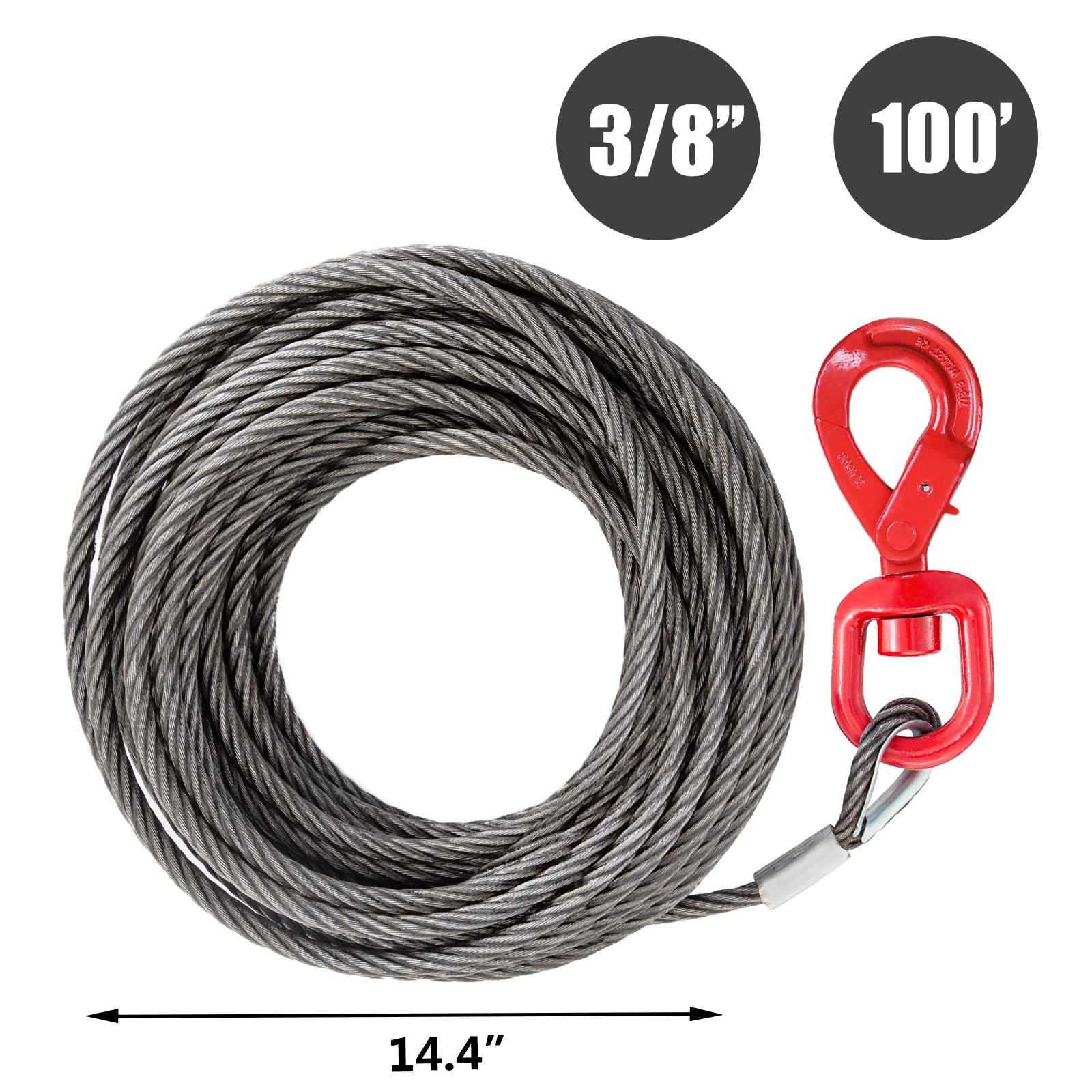 VEVOR Galvanized Steel Winch Cable, 3/8" x 100' - Wire Rope with Hook, 8800 Lbs Breaking Strength - Towing Cable Heavy Duty, 6x19 Strand Core - for Rollback, Crane, Wrecker, Tow Truck