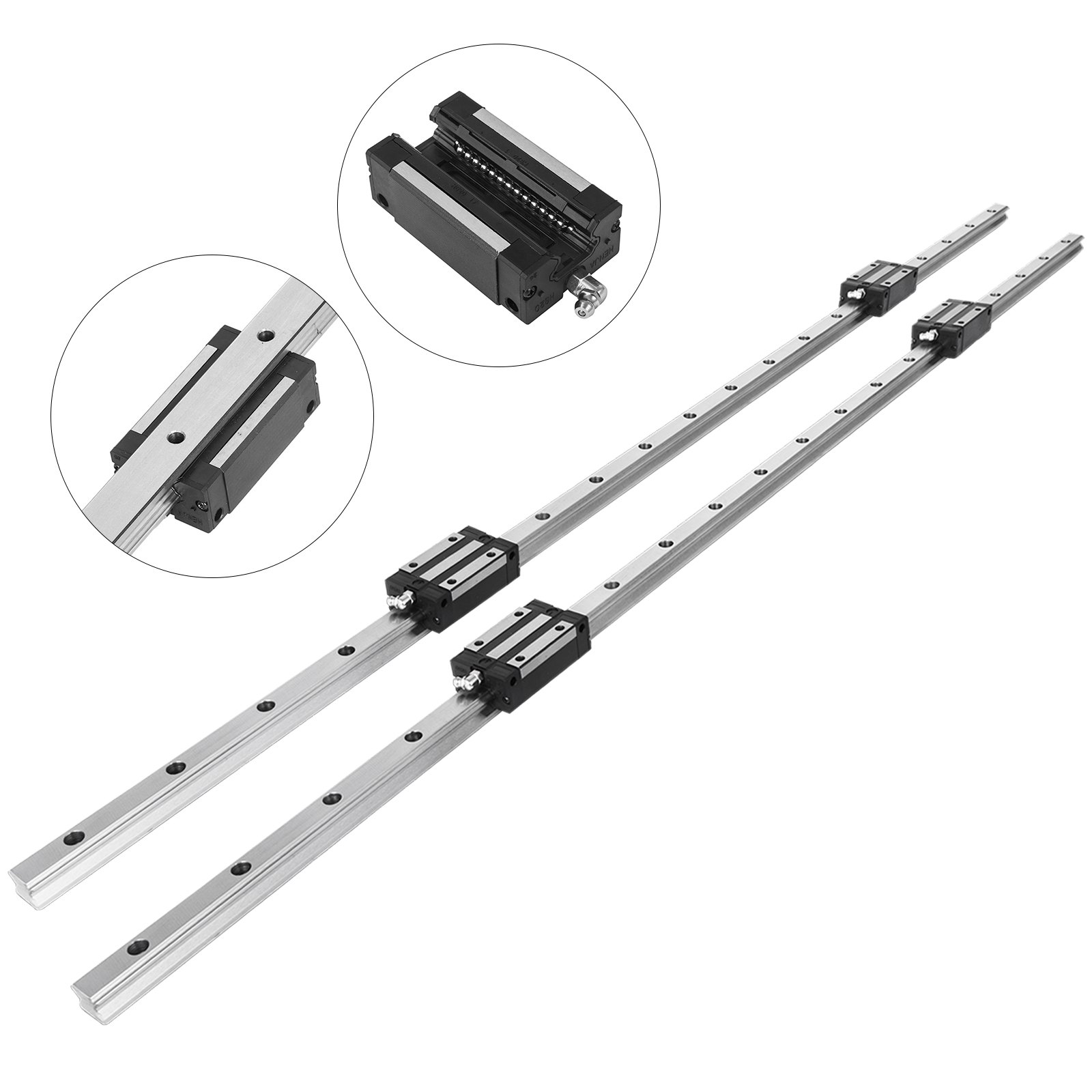 VEVOR Linear Rail 2X HGH 20-1200mm Linear Slide Rail + 4X Pillow Block Carriage Bearing Block Linear Guideway Rail for Automated Machines and Equipments