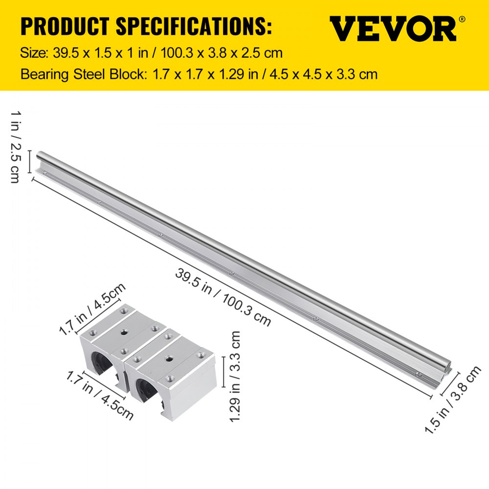 VEVOR cnc linear rail and bearing steel block dimensions in inches and cm.