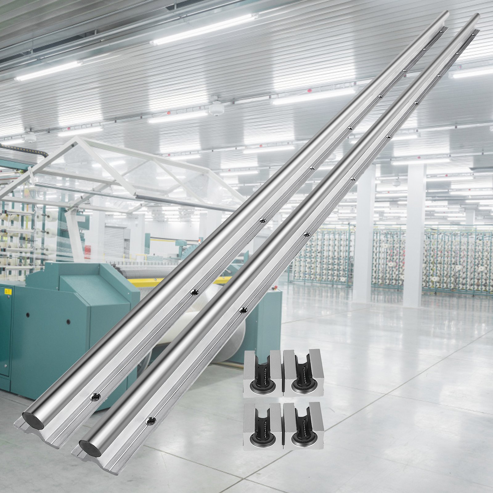 VEVOR linear rail sbr20 in an industrial setting with machinery in the background.