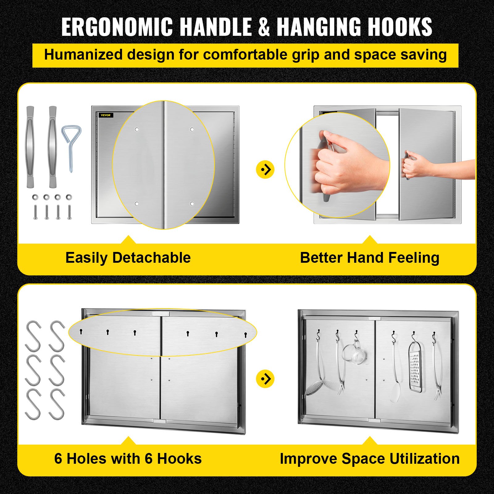 VEVOR outdoor kitchen access door with ergonomic handle and 6 hooks for space saving.