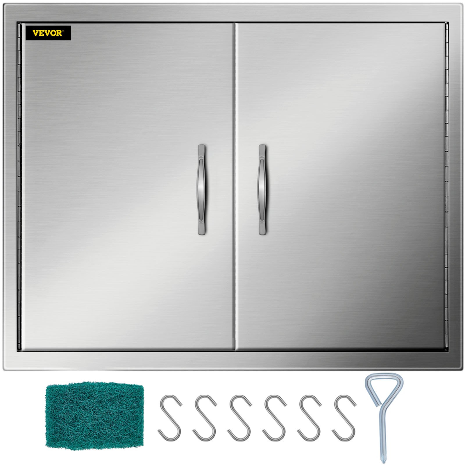 VEVOR outdoor kitchen access door set with hooks, key, and scrub pad, stainless steel.