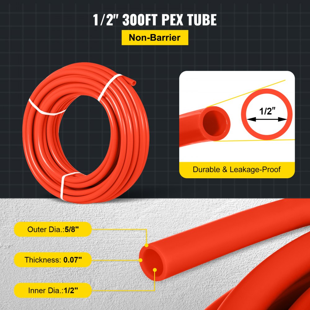 VEVOR PEX Tubing Potable Water Tube 1/2 Inch x 300 FT PEX-B Plumbing Pipe Non-Barrier Radiant Heating Pex Coil for Water Plumbing Open Loop Hydronic Heating Systems (1/2" Non-Barrier, 300Ft/Red)