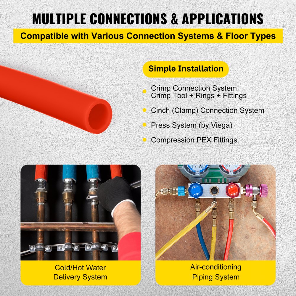 VEVOR PEX Tubing Potable Water Tube 1/2 Inch x 300 FT PEX-B Plumbing Pipe Non-Barrier Radiant Heating Pex Coil for Water Plumbing Open Loop Hydronic Heating Systems (1/2" Non-Barrier, 300Ft/Red)