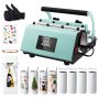 teal VEVOR tumbler heat press with gloves, tape, tumblers in various designs, and blank tumblers.