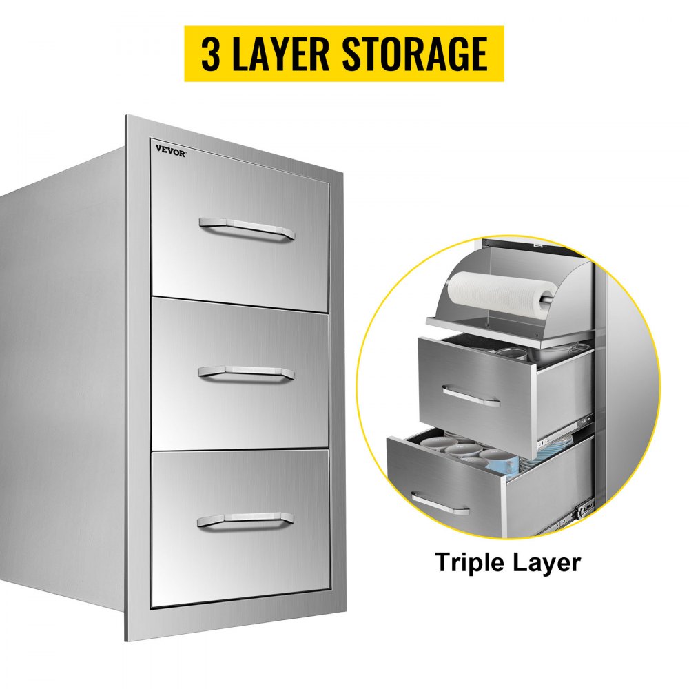 VEVOR Flush triple access drawer raised style height triple drawer, 76 x 43 cm,stainless steel