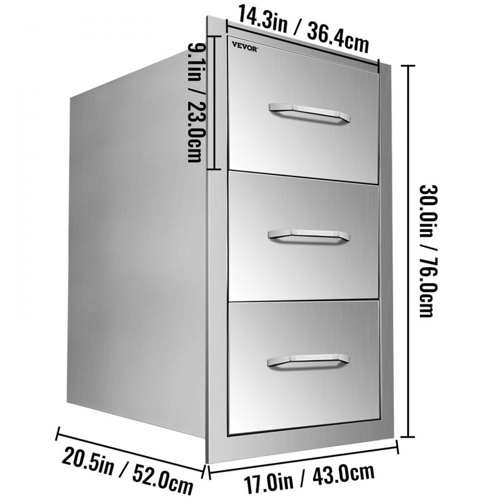 VEVOR Flush triple access drawer raised style height triple drawer, 76 x 43 cm,stainless steel