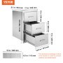 VEVOR outdoor kitchen drawers, stainless steel, three drawers, dimensions in inches/mm.