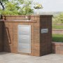 outdoor kitchen with VEVOR outdoor kitchen drawers, brick counter, and lush green backdrop.