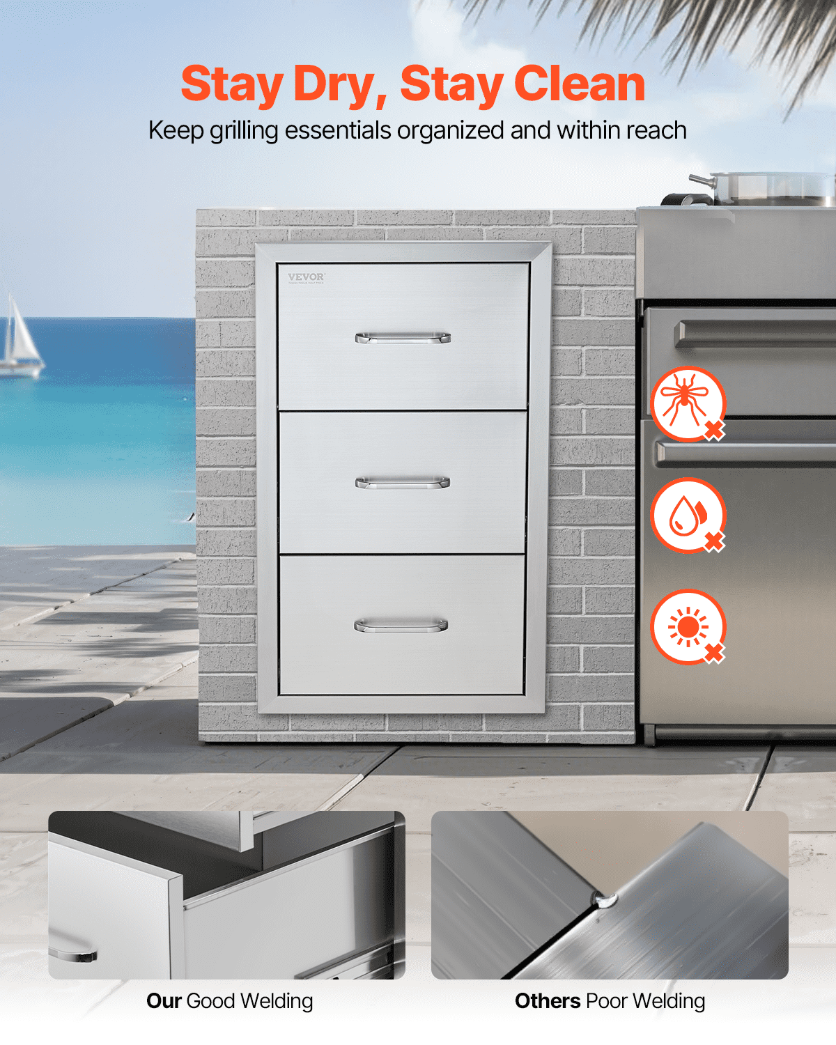 VEVOR Flush triple access drawer raised style height triple drawer, 76 x 43 cm,stainless steel