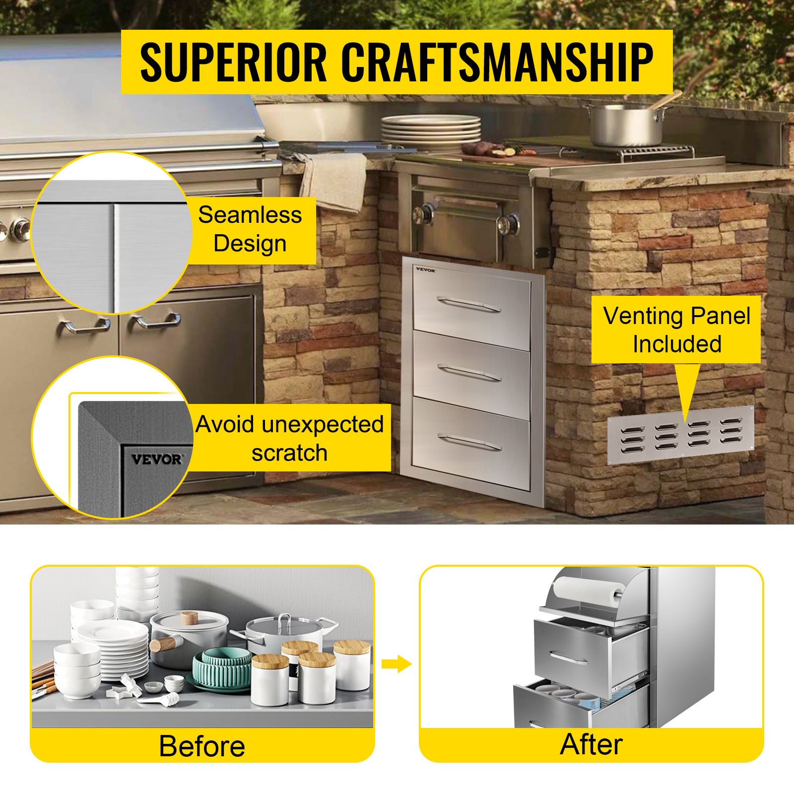 VEVOR Flush triple access drawer raised style height triple drawer, 76 x 43 cm,stainless steel