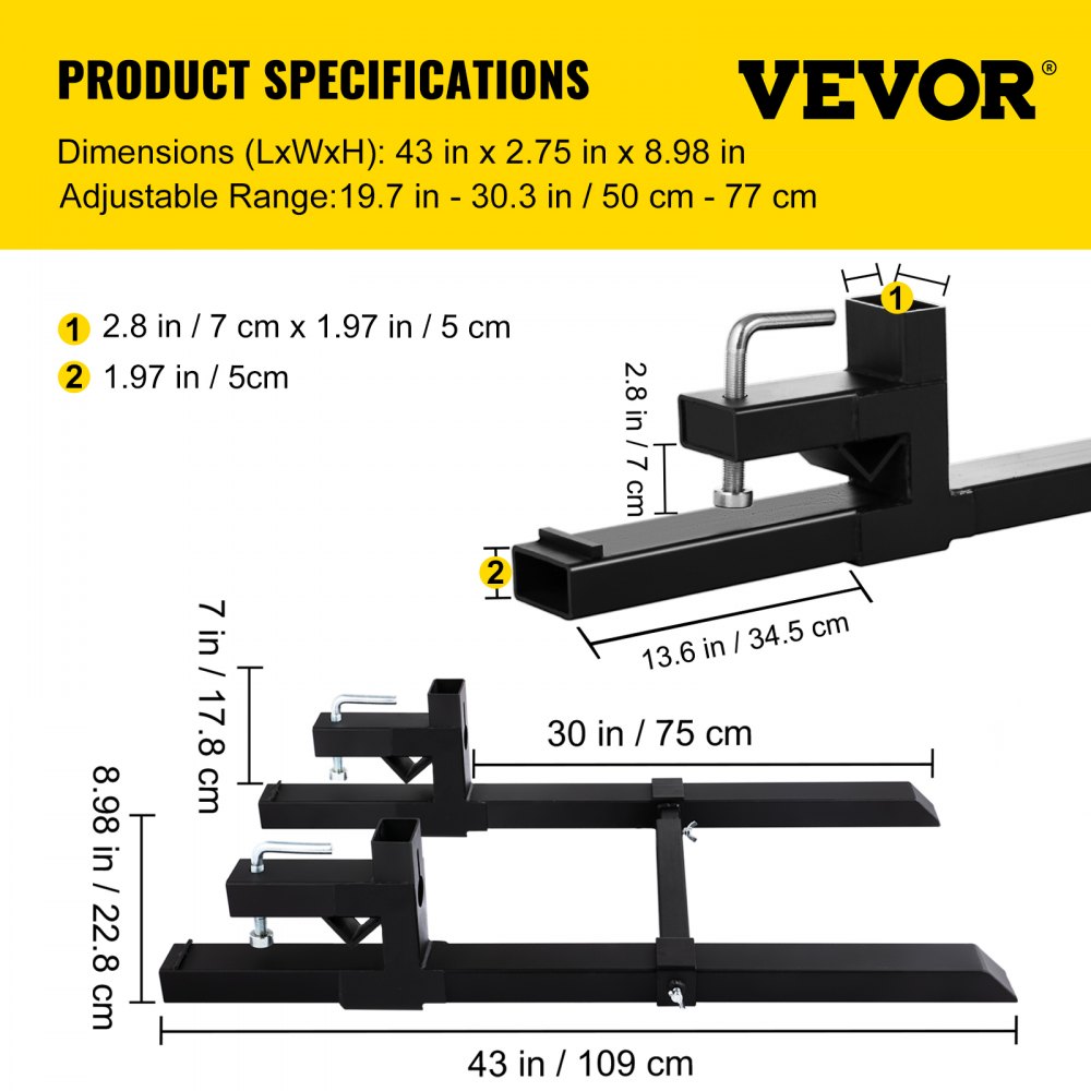 VEVOR Pallet Forks 680kg Capacity Tractor Forks with Adjustable Stabilizer Bar