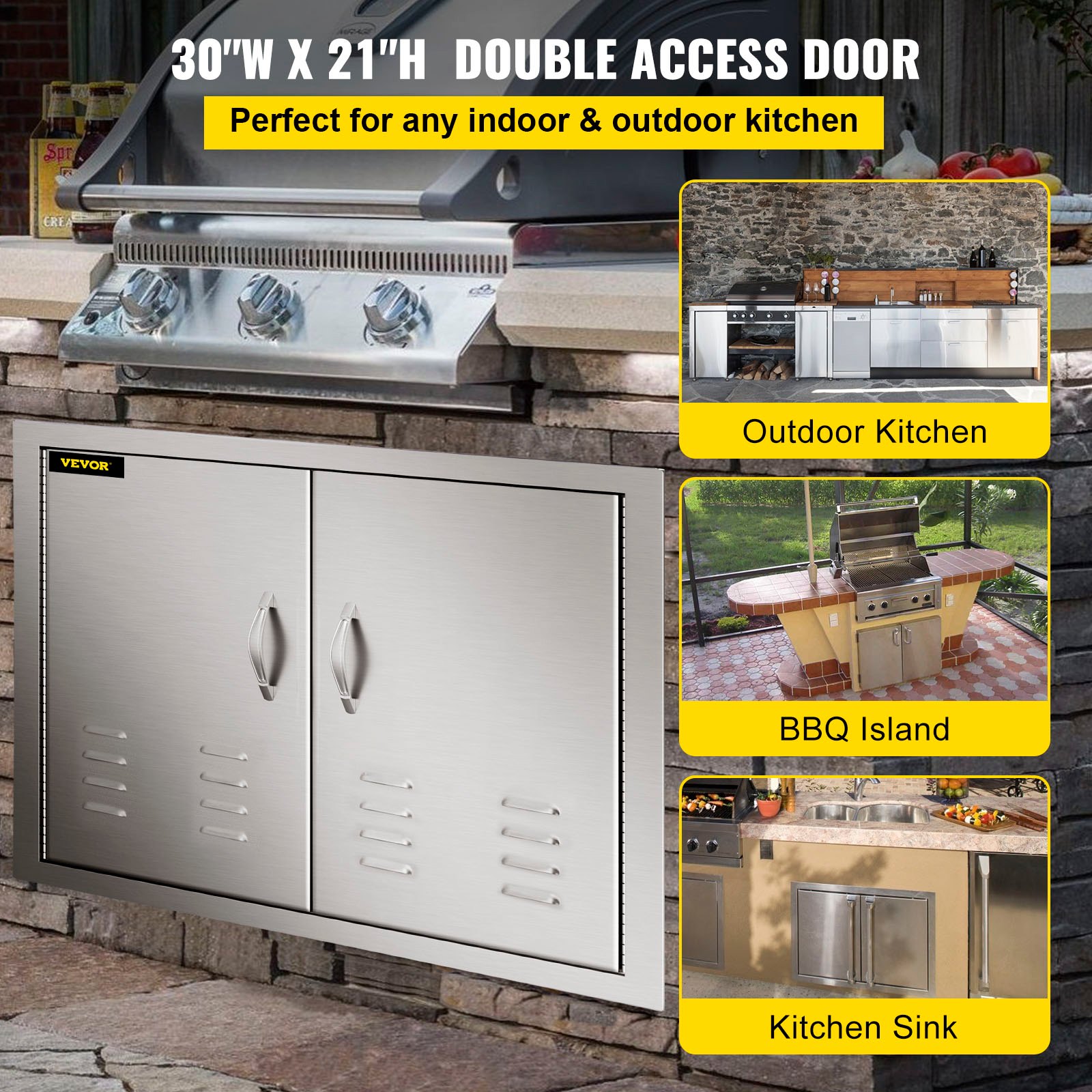 VEVOR BBQ Access Door 30x21 Inch BBQ Kitchen Doors Stainless Steel Outdoor Kitchen Cabinets Magnetic Closing System Outdoor Kitchen Island with Air Vents for Outdoor Kitchen & BBQ Island