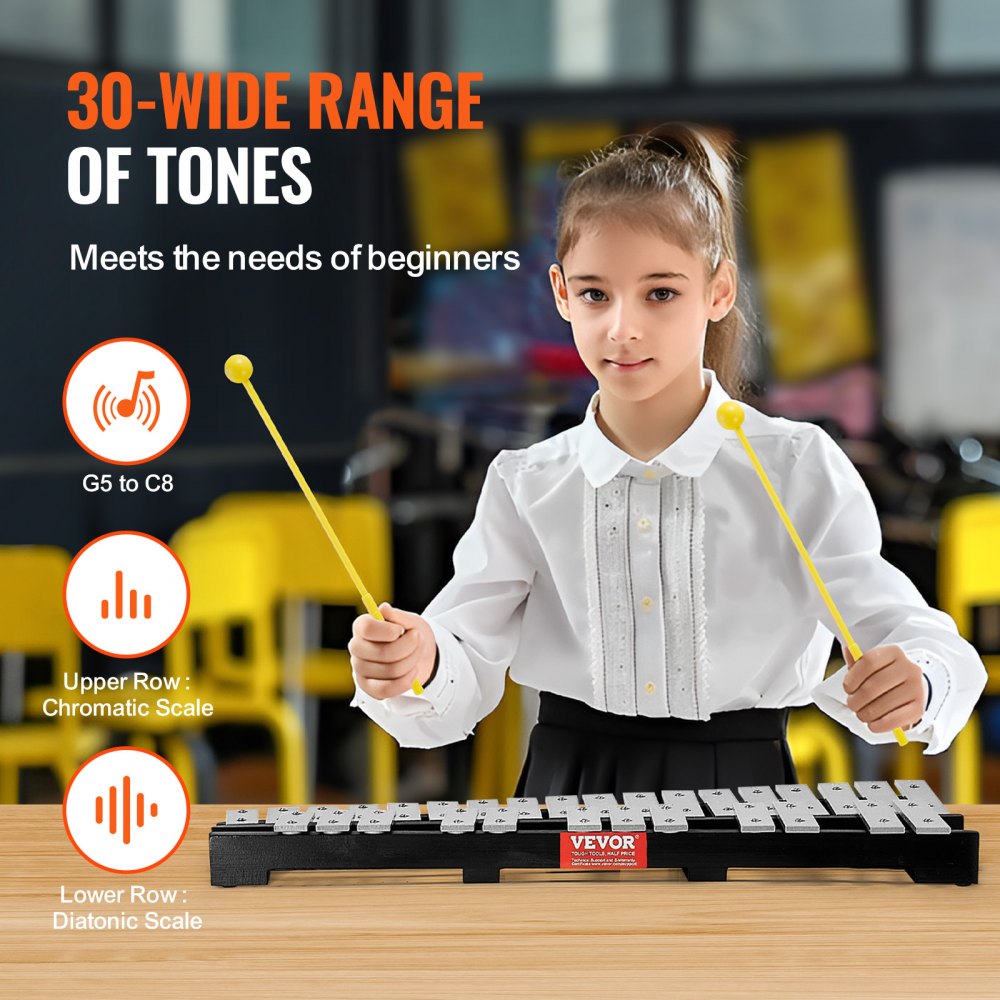 VEVOR 30 Note Glockenspiel Xylophone Bell Kit with Mallets, Drum Sticks and Bag
