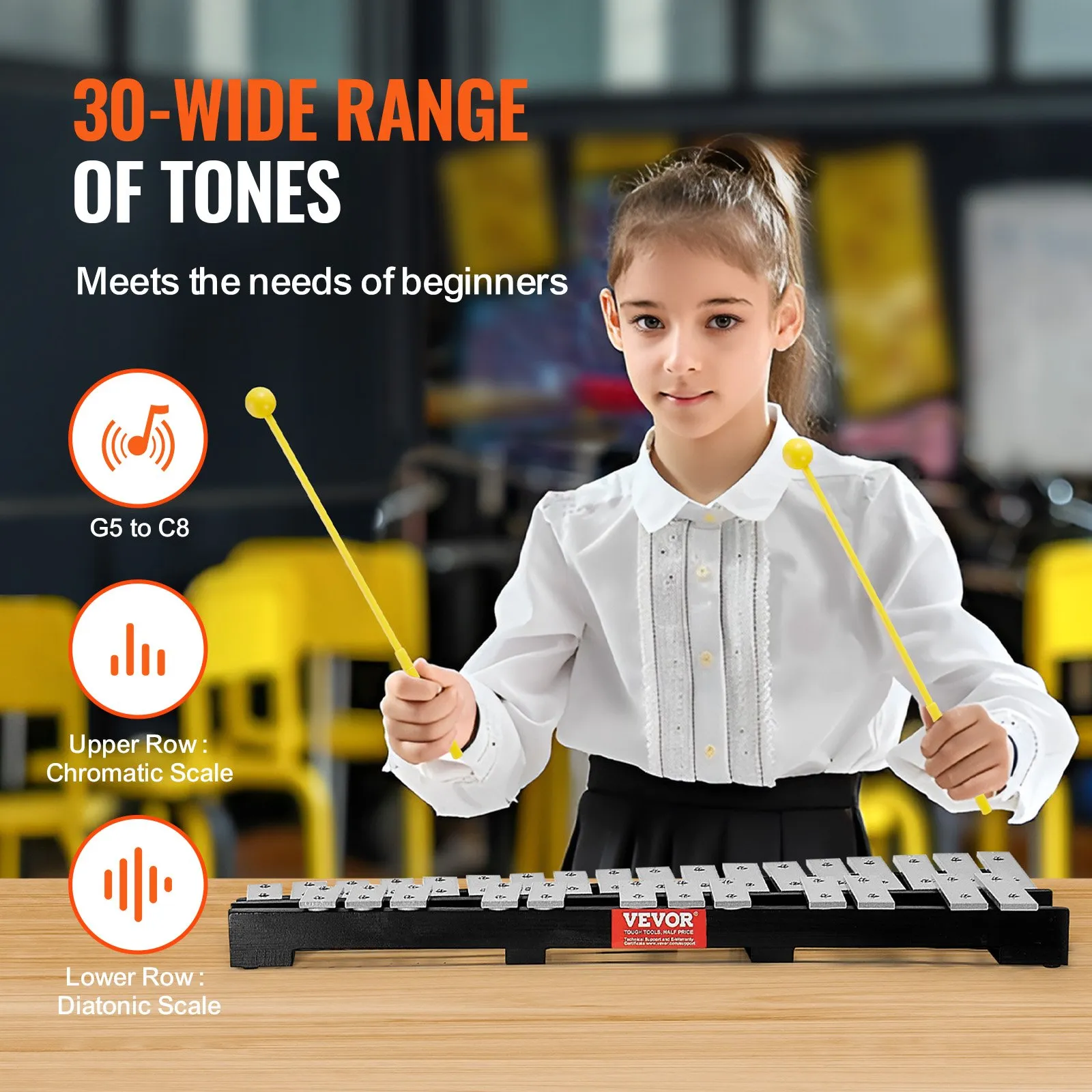 VEVOR 30 Note Glockenspiel Xylophone Bell Kit with Mallets, Drum Sticks and Bag