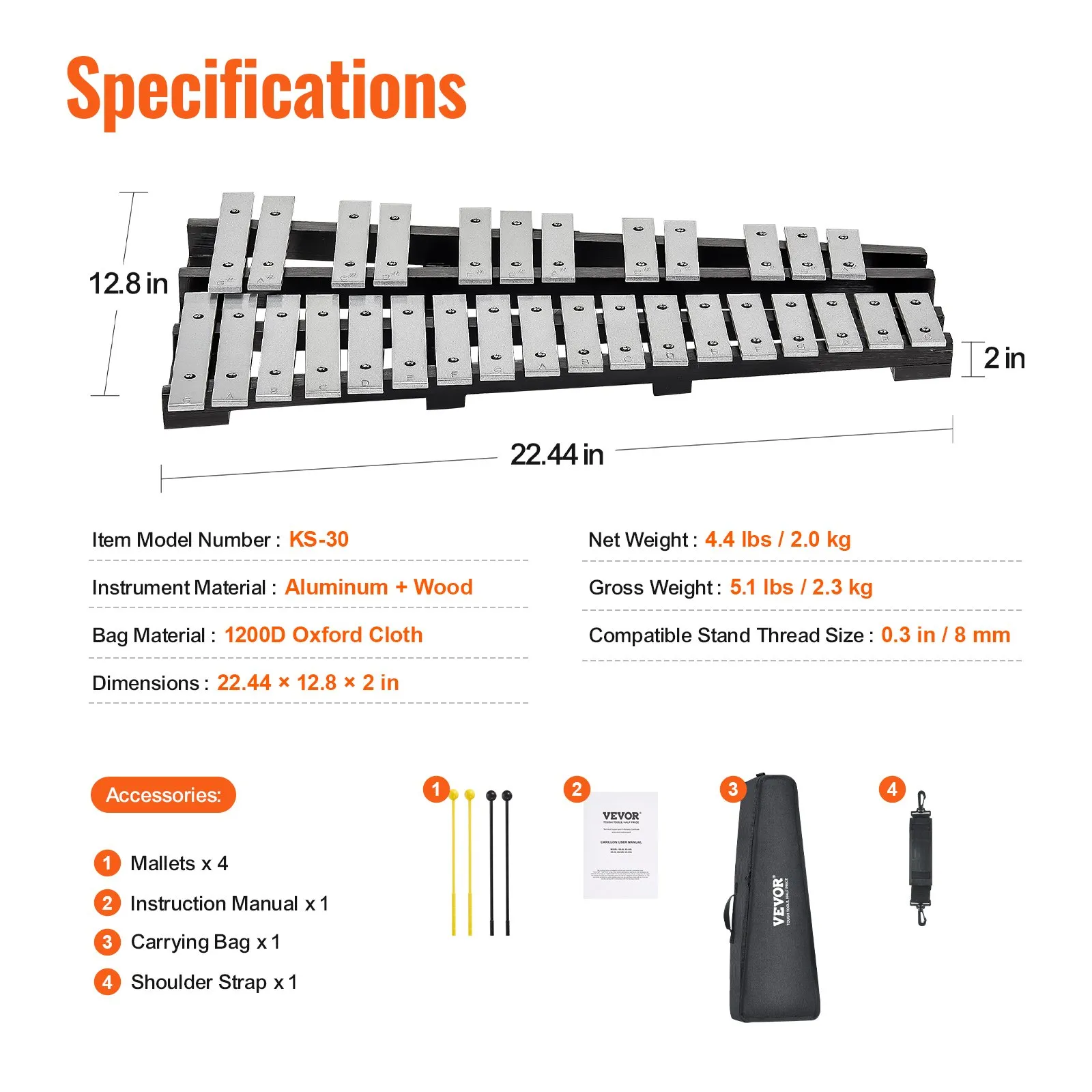 VEVOR 30 Note Glockenspiel Xylophone Bell Kit with Mallets, Drum Sticks and Bag